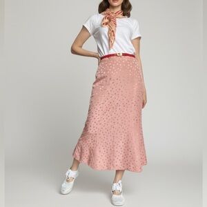 Mystree Satin Polka Dot Skirt Bias Midi Nude Pink Small NWT Romantic Feminine
